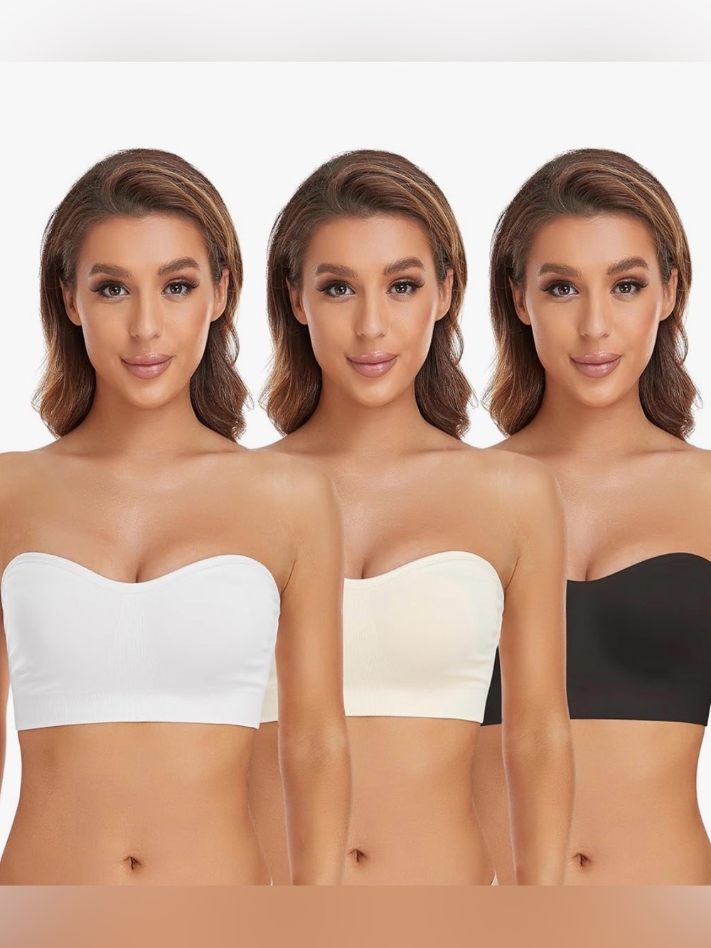 Lusait Strapless Bra Non-Slip Silicone Padded Bandeau Bra Wireless 3 pack